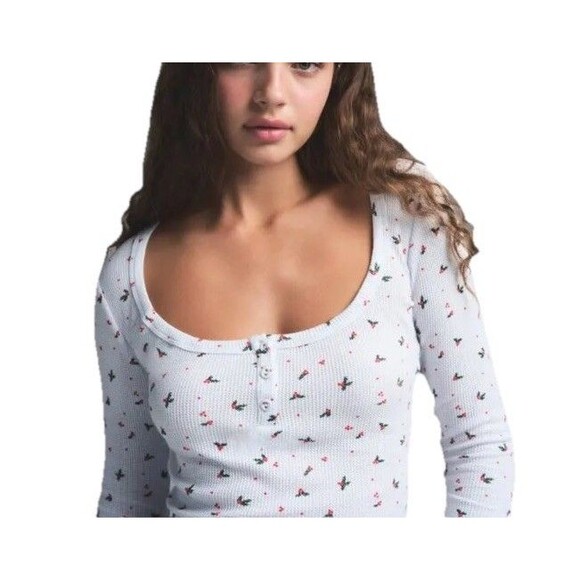 Skims Waffle Long Sleeve Henley Large Cloud Holly Print Cotton - Picture 1 of 9